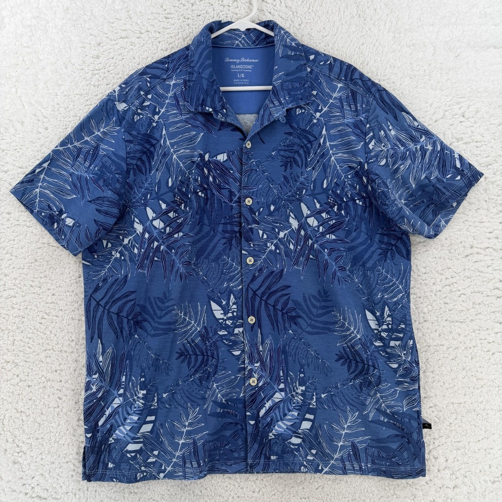 Tommy Bahama Shirt Mens Large Blue Leaf IslandZone Short Sleeve Button Up Casual
